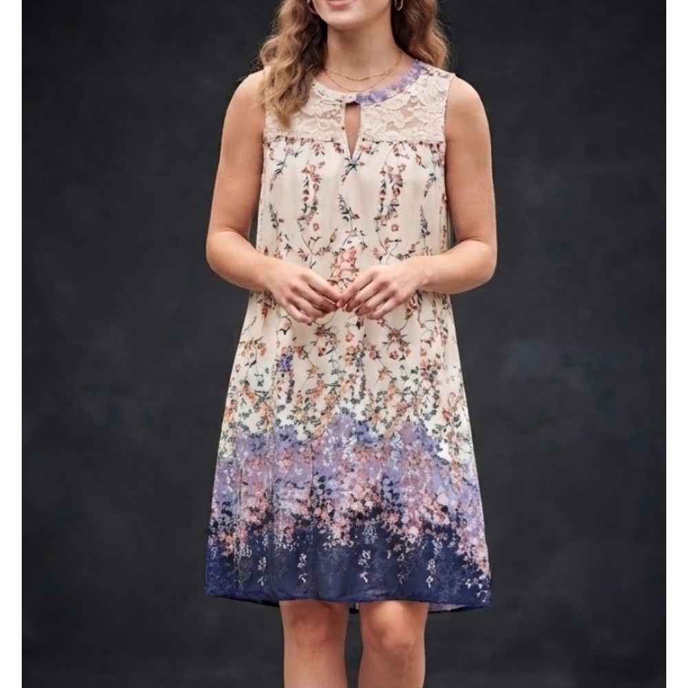 2Love Womens Floral Lace Sleeveless Shift Dress Cream Blue Orange LV10426 Size M